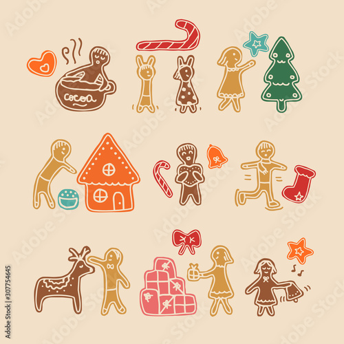 Gingerbread men and women and other christmas essentials as decorations, candy, food, etc. Colorful, cute hand-drawn isolated illustrations, for fun designs, with cream background