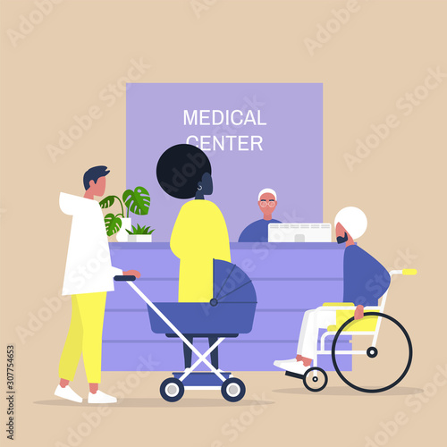 Medical center reception desk, patients waiting for a doctor appointment, healthcare and lifestyle