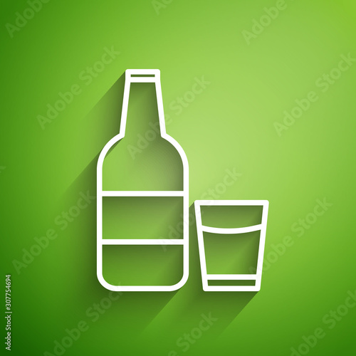 White line Closed glass bottle with milk and glass icon isolated on green background. Vector Illustration
