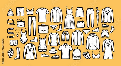 Fashion collection. Hand drawn clothes. Sketch vector illustration