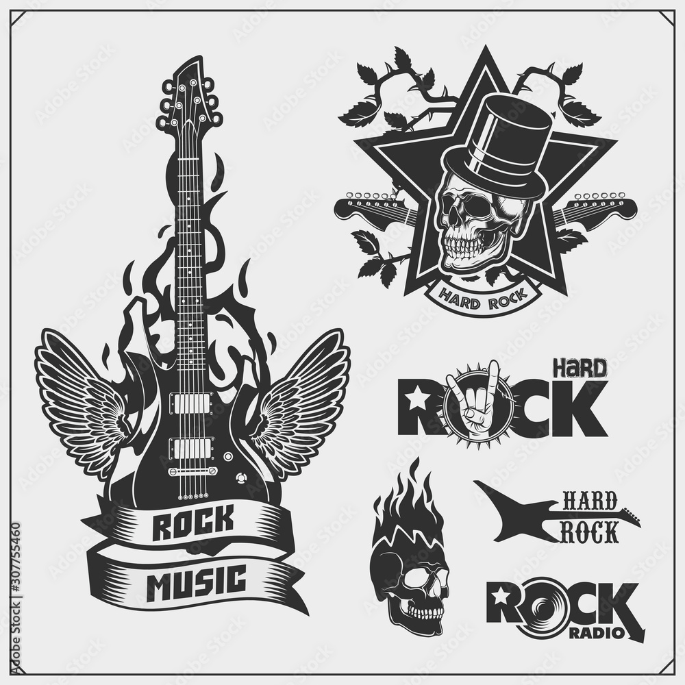 Fototapeta premium Rock'n'Roll and Hard Rock music emblems, symbols, labels and design elements. Print design for t-shirt.