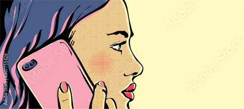Pop art woman talking on mobile phone. Woman calling by cell phone