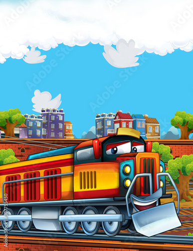 Cartoon funny looking train on the train station near the city - illustration for children