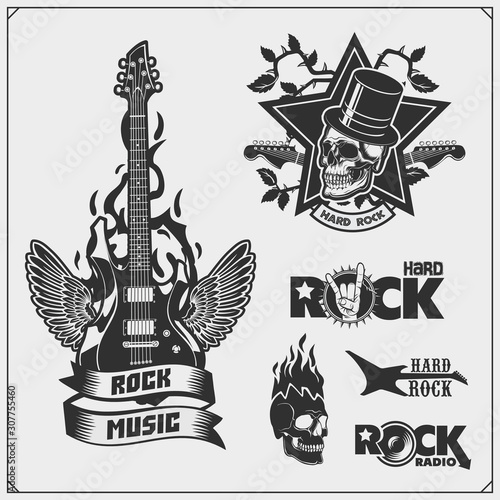 Rock'n'Roll and Hard Rock music emblems, symbols, labels and design elements. Print design for t-shirt.