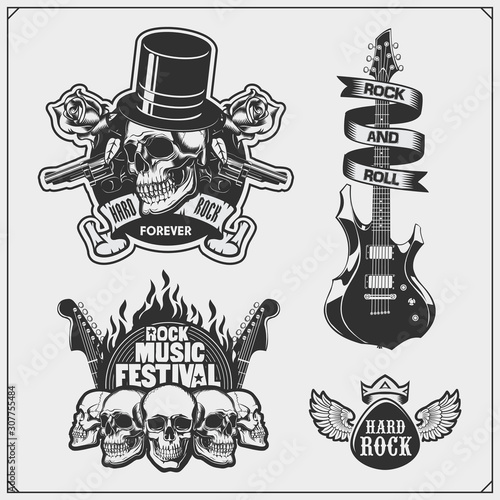 Rock'n'Roll and Hard Rock music emblems, symbols, labels and design elements. Print design for t-shirt.