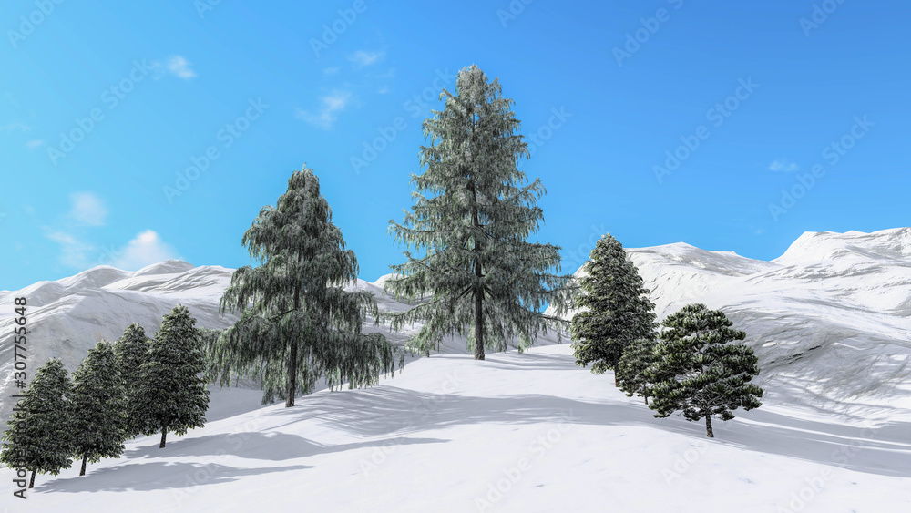 Obraz premium Tree in Snow Weather, Winter Background, 3D Rendering