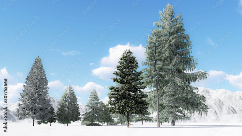 Fototapeta premium Tree in Snow Weather, Winter Background, 3D Rendering