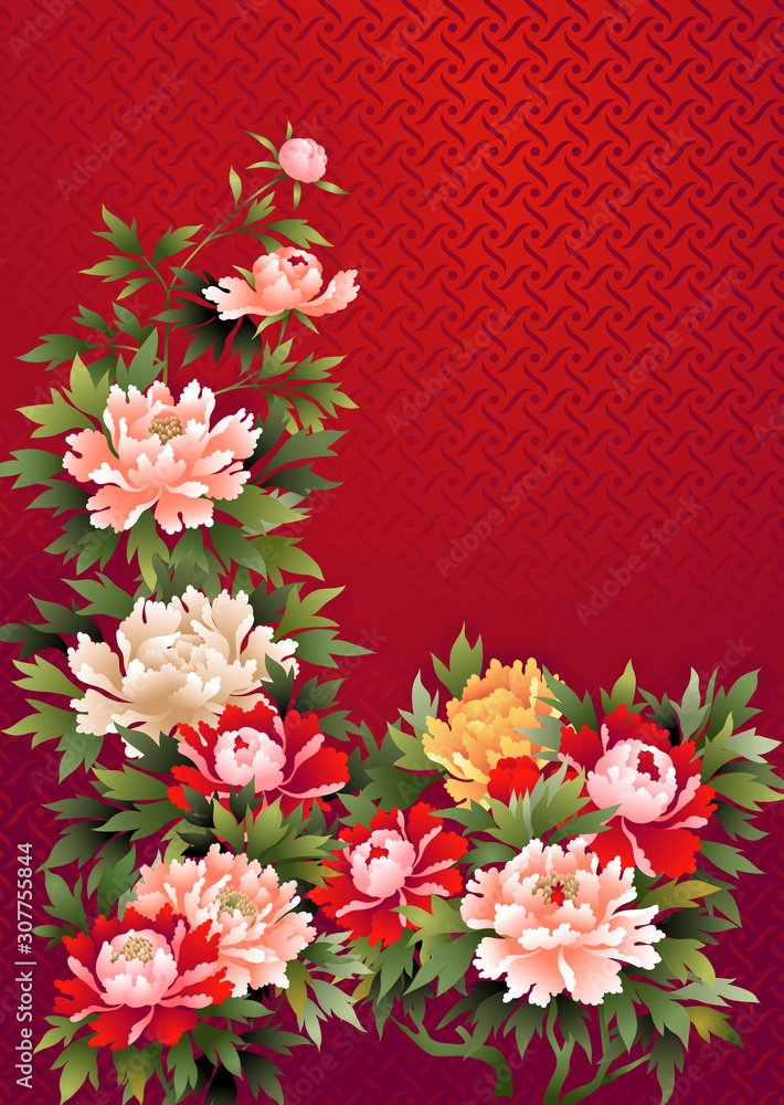 Oriental large Peony floral illustration on a red  textured background