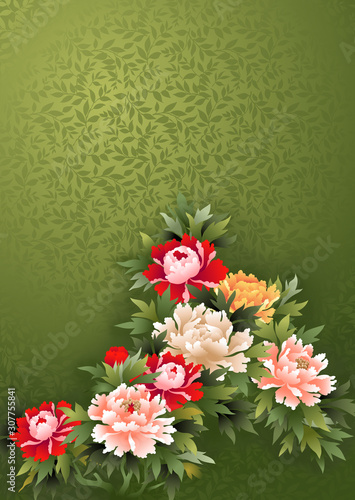Oriental large Peony floral illustration on a green textured background