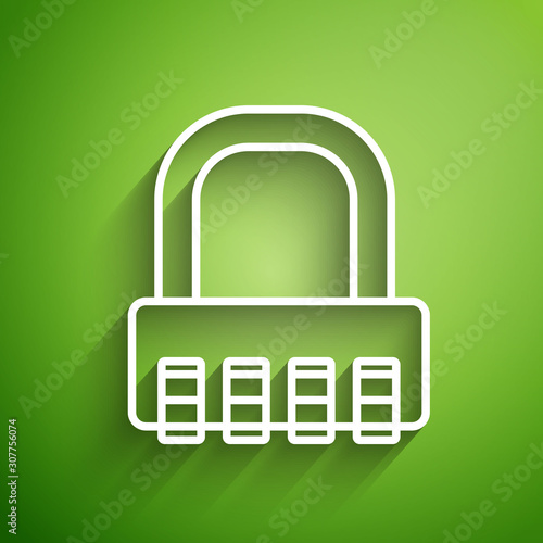 White line Safe combination lock icon isolated on green background. Combination padlock. Security, safety, protection, password, privacy. Vector Illustration
