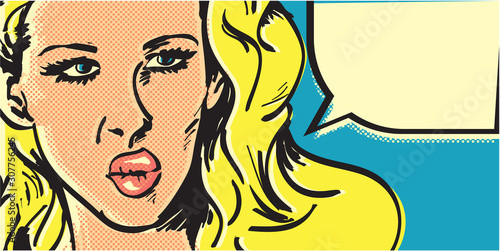 Pop art woman banner. Angry blond woman with speech bubble.