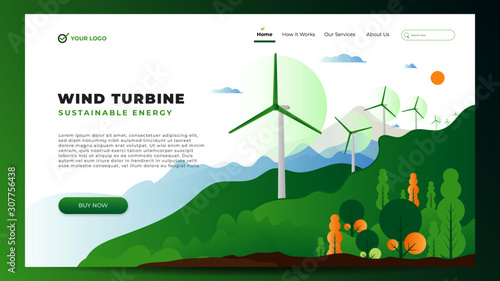 Green Fresh Wind Turbine Energy Flat Vector Background Landing Page Website Template