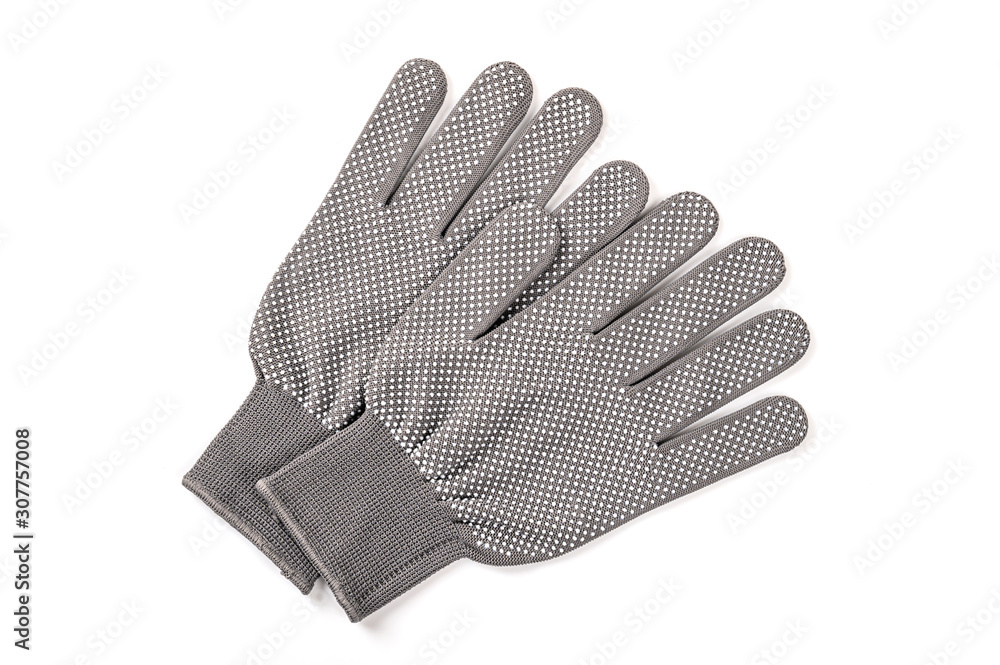 Grey gloves isolated on white background. top view Grey gloves isolated on white background. top view