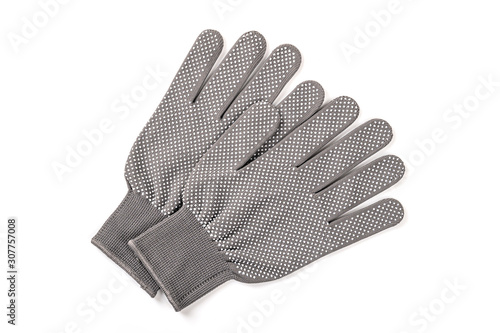 Grey gloves isolated on white background. top view