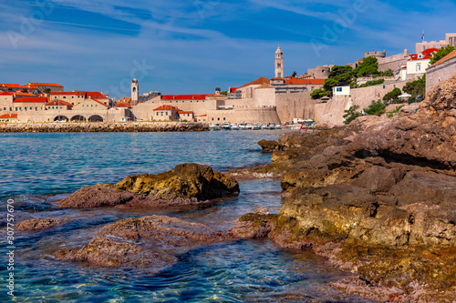 Old Harbour and Old Town in sunny day in Dubrovnik, Croatia