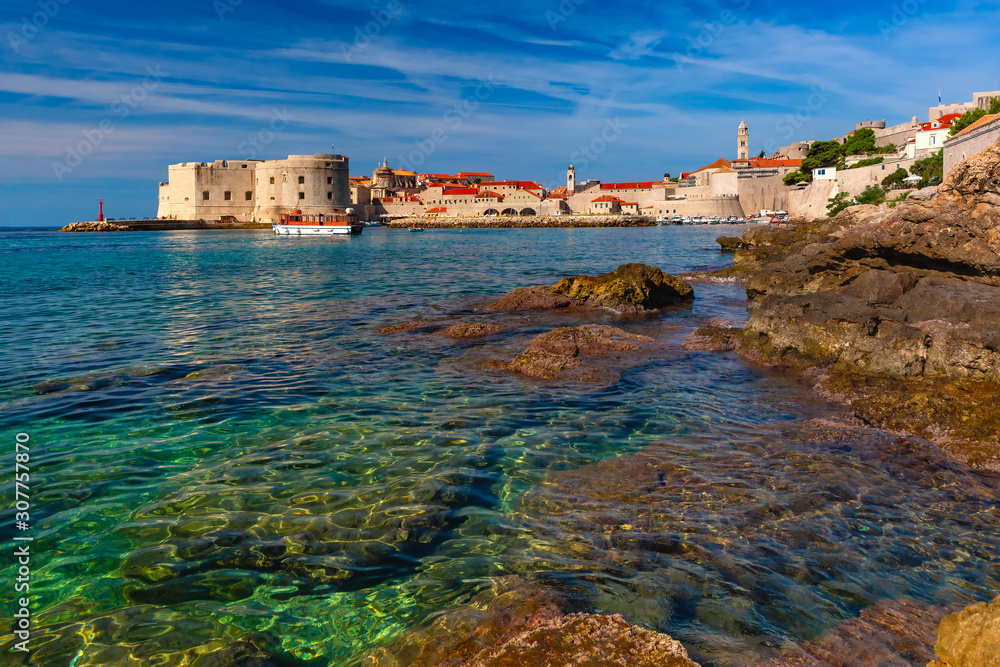 Old Harbour and Fort St Ivana in sunny day in Dubrovnik, Croatia