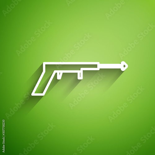White line Fishing harpoon icon isolated on green background. Fishery manufacturers for catching fish under water. Diving underwater equipment. Vector Illustration