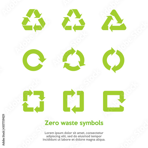 Green zero waste symbols set on the white background. Reuse, renew, compost food waste, concept. Recycle symbol vector set. Collection of 9 different recycling icons. Flat style. Vector illustration