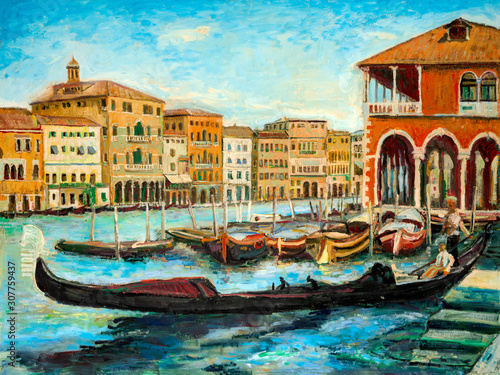 An oil painting Venetian Gondolas, famous boats waiting for tourists on Grand canal in Venice, Italy