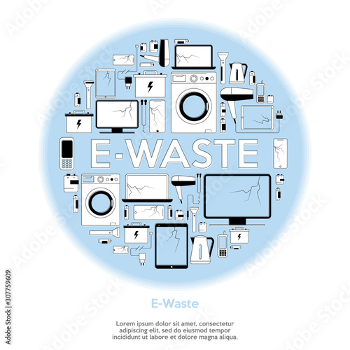 E-waste recycling icons set with electronics trash and text. Old appliances icons. Flat style. Vector illustration