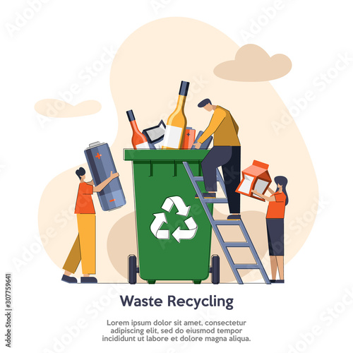 Waste recycling - people is throwing garbage into the container. Place for text. Environmental protection, ecology, earth day. Flat style. Vector illustration