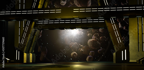 sci fi  corridor with view of space galaxy 3d rendering