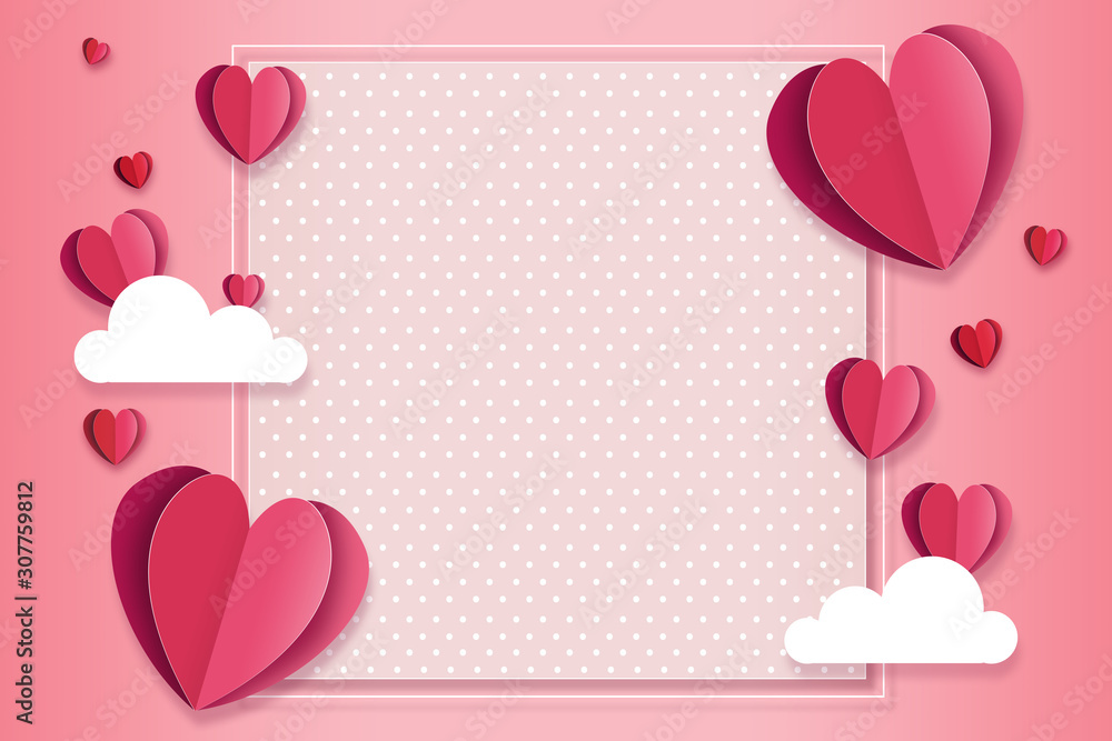Happy Valentines day concept background. illustration. 3d pink paper hearts with white square frame. Happy Valentines day concept background. illustration. 3d pink paper hearts with white square frame.