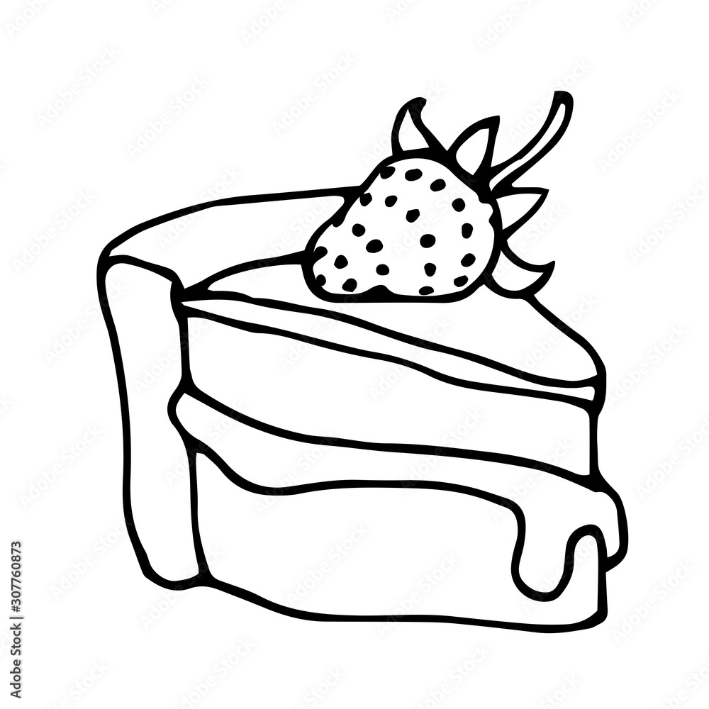 triangular piece of cake with strawberries, icing and cream, festive dessert, vector illustration with black contour lines isolated on white background in Doodle and hand drawn style