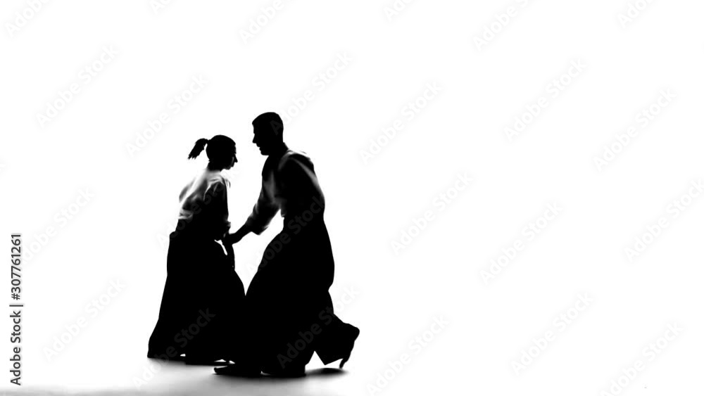 Black silhuettes of man and woman showing aikido techniques. Isolated on white. Slow motion. Black silhuettes of man and woman showing aikido techniques. Isolated on white. Slow motion.