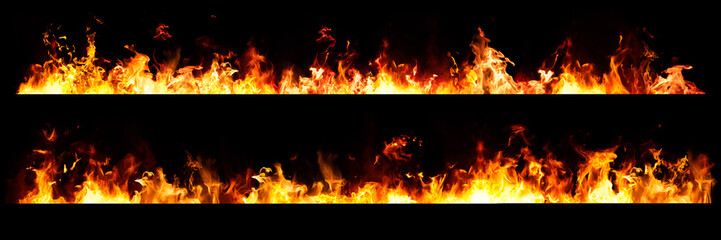 Set of Panorama Fire flames on black background.