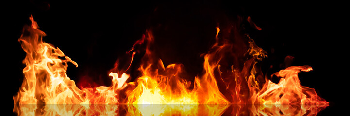 Set of Panorama Fire flames on black background.