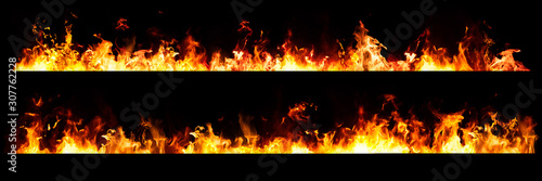 Set of Panorama Fire flames on black background.
