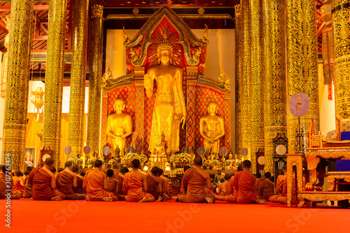 Monk prayer in Buddha days in Wat Chedi Luang Temple.