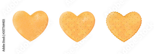 Set heart realistic, crackers. Chips hearts shape isolated on white background for love or Valentines day. Design biscuit for breakfast and tasty snack, holiday food. Vector illustration.