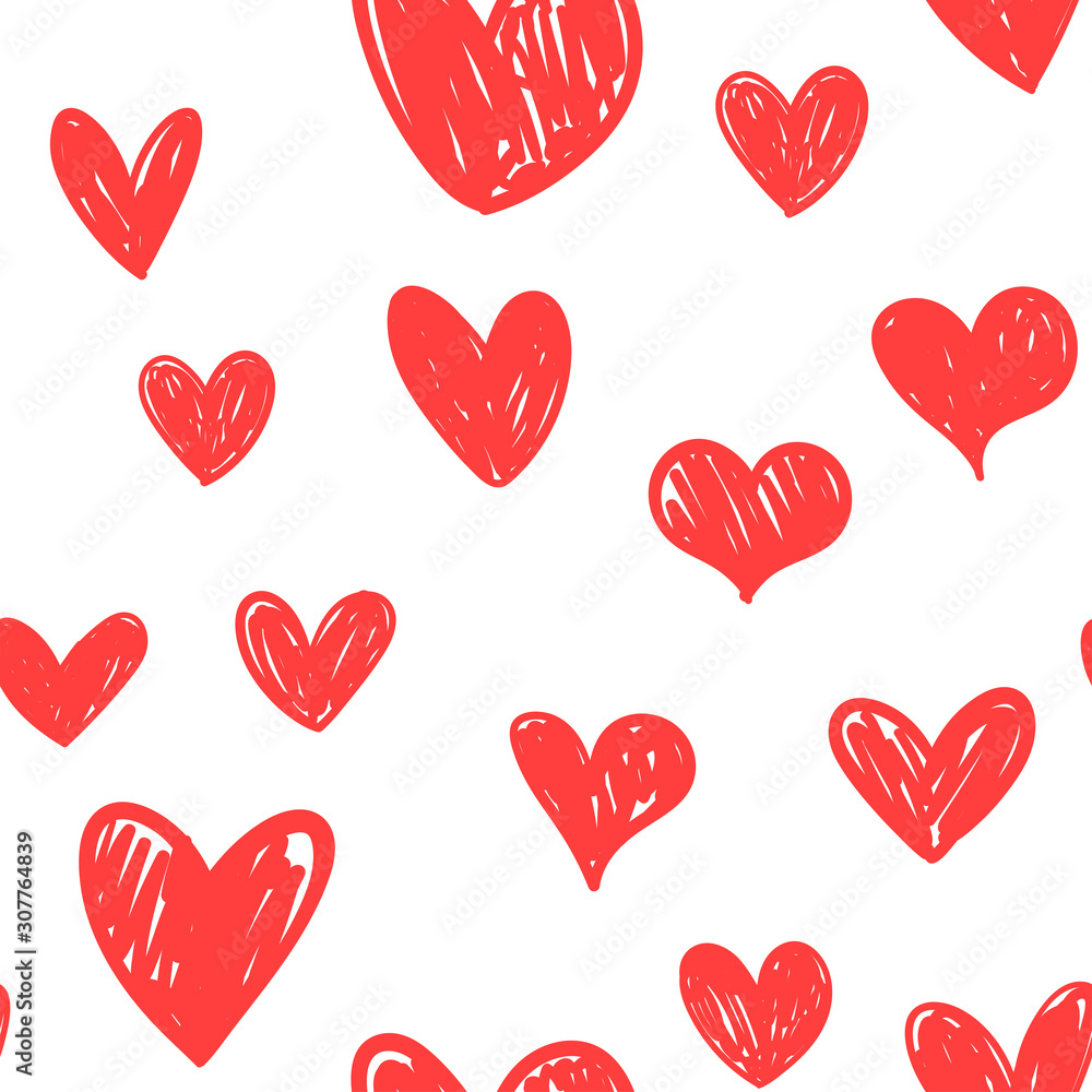 Heart doodles seamless pattern. Hand drawn hearts texture. Love background for valentine's day.