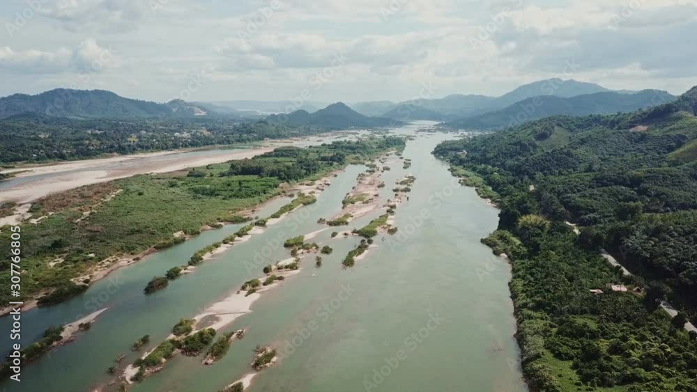 Drone shot, Drought in Mekong River with water level lowering Drone shot, Drought in Mekong River with water level lowering