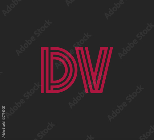 Initial two letter red line shape logo on black vector DV