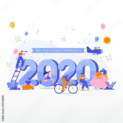 Happy new year 2020. Goals and resolutions 2020 concept illustration.   tiny people having fun with their goals in 2020. suitable for web, banner,   poster and landing page