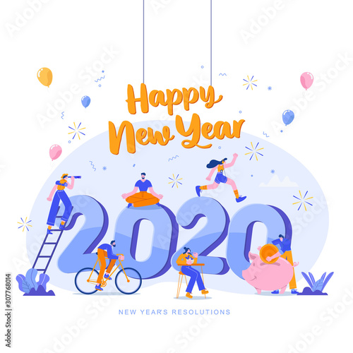 Happy new year 2020. Goals and resolutions 2020 concept illustration.   tiny people having fun with their goals in 2020. suitable for web, banner,   poster and landing page