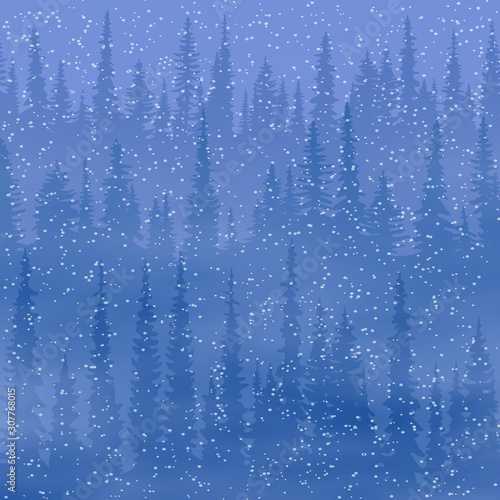 Winter background, forest and falling snow, vector illustration, EPS10