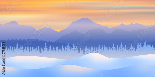 Fantasy on the theme of the winter landscape. Dawn sky, mountains, forest, and snow drifts. Vector illustration, EPS10