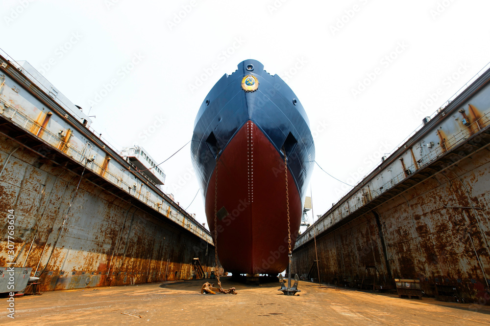 The Russian icebreaker Krasin is in a dry dock at a scheduled repair. The Russian icebreaker Krasin is in a dry dock at a scheduled repair.