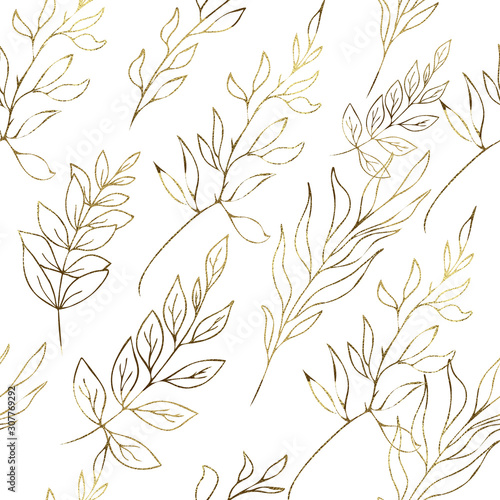Watercolor floral seamless pattern with flowers, succulents, branches, twigs, gold and black silhouettes of succulents, For wedding invitation, card making