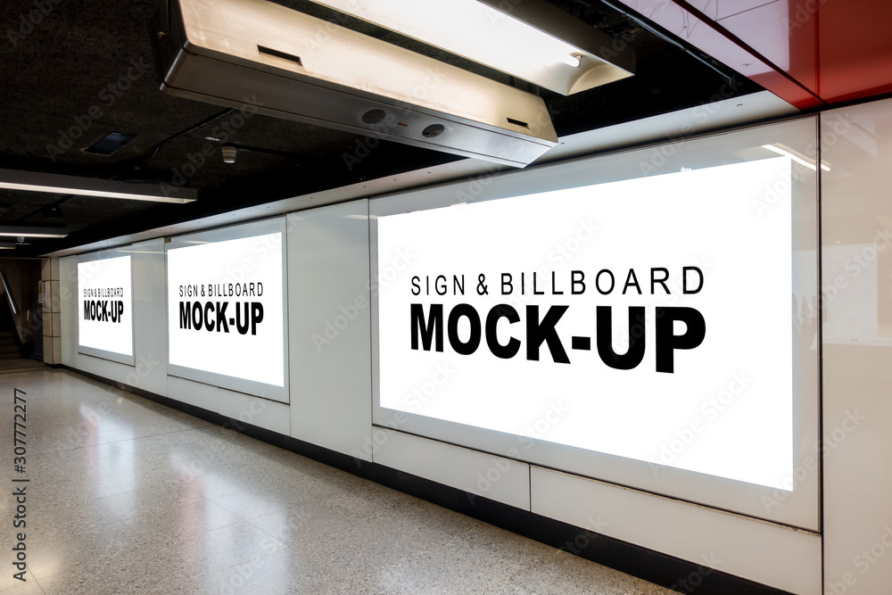 Mock up three blank advertising billboard on metro station Mock up three blank advertising billboard on metro station