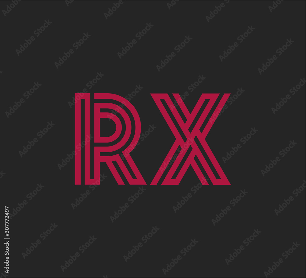 Initial two letter red line shape logo on black vector RX