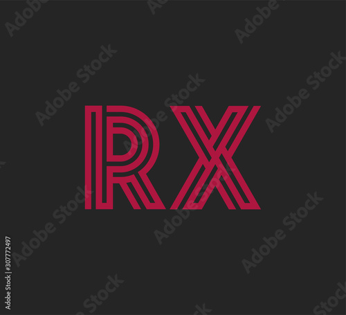 Initial two letter red line shape logo on black vector RX