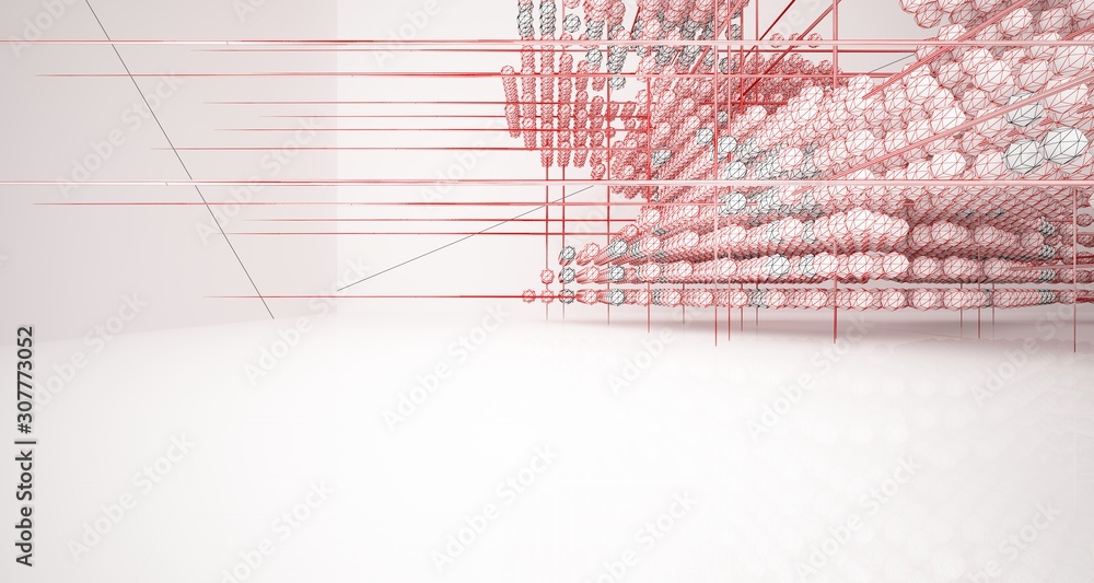 Obraz premium Drawing abstract architectural white interior from an array of spheres with large windows. 3D illustration and rendering.