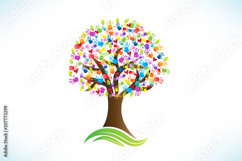 Logo tree hands print love hearts colorful vector image