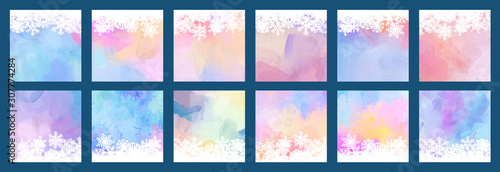 Christmas and New Year colorful watercolor background bundle set with snowflakes 