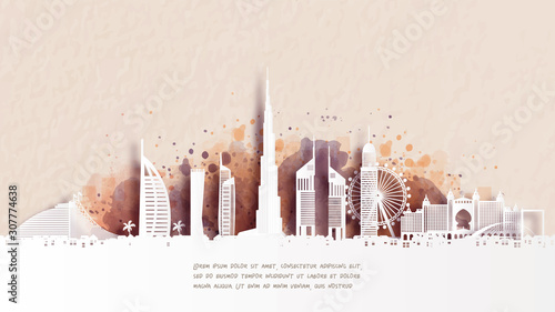 Watercolor of Dubai silhouette skyline and famous landmark. vector illustration.